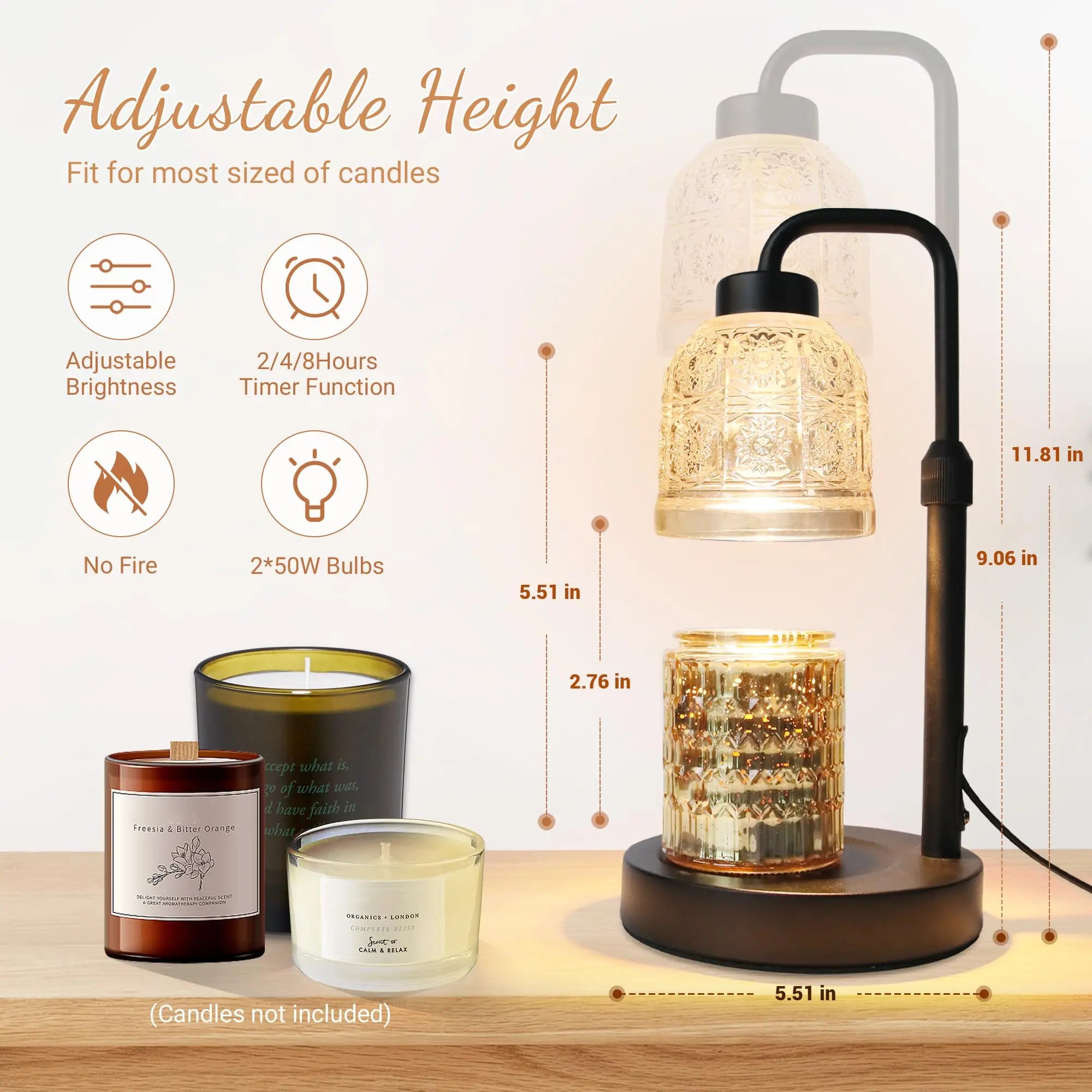 Candle Warmer Lamp With Dimmable Switch, Timer, Adjustable Height, And Two Bulbs
