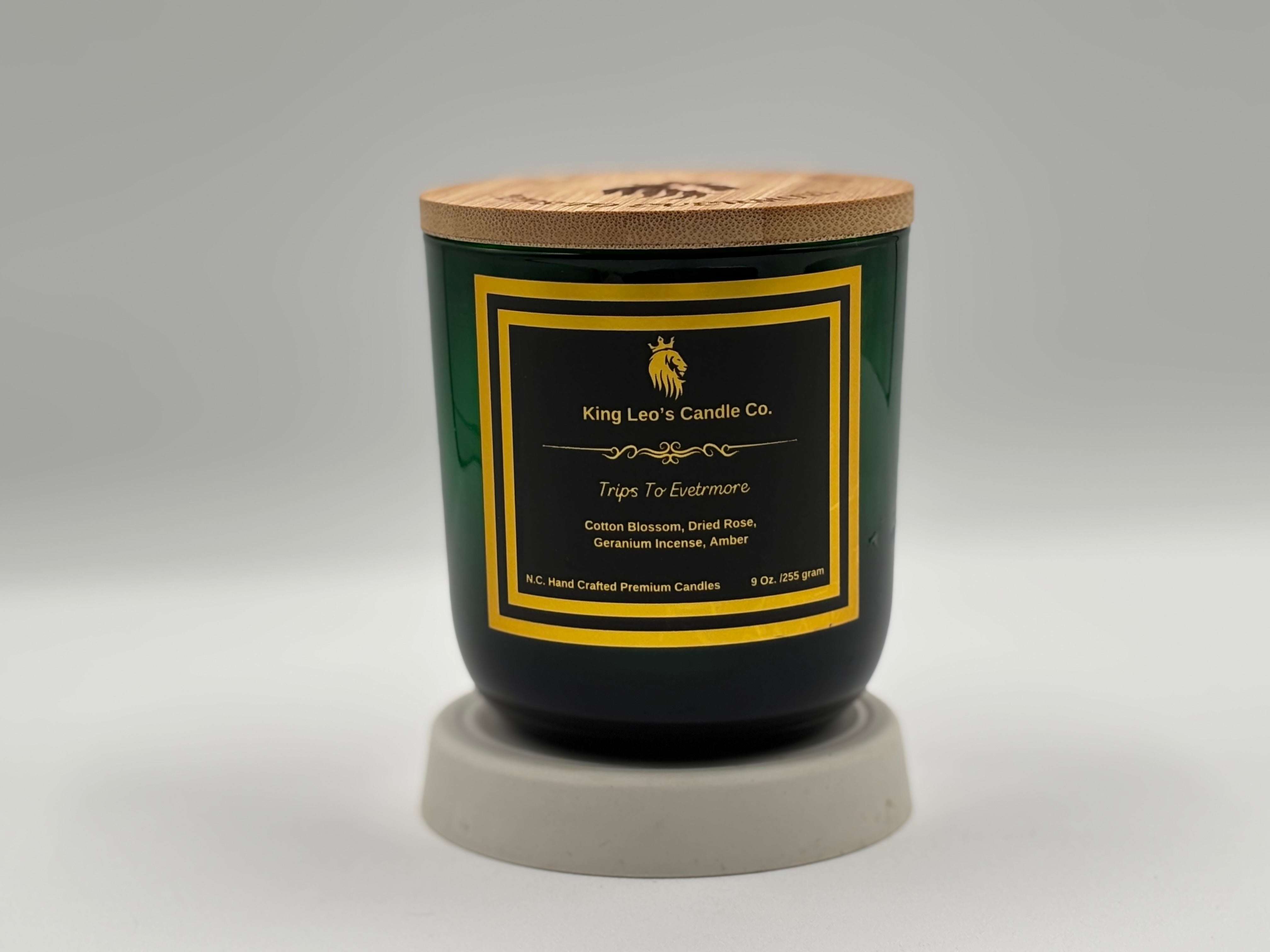 King Leo's Hand Crafted Candle, Trips To Evermore, Premium, Coconut Apricot, Wood Wicked Candles