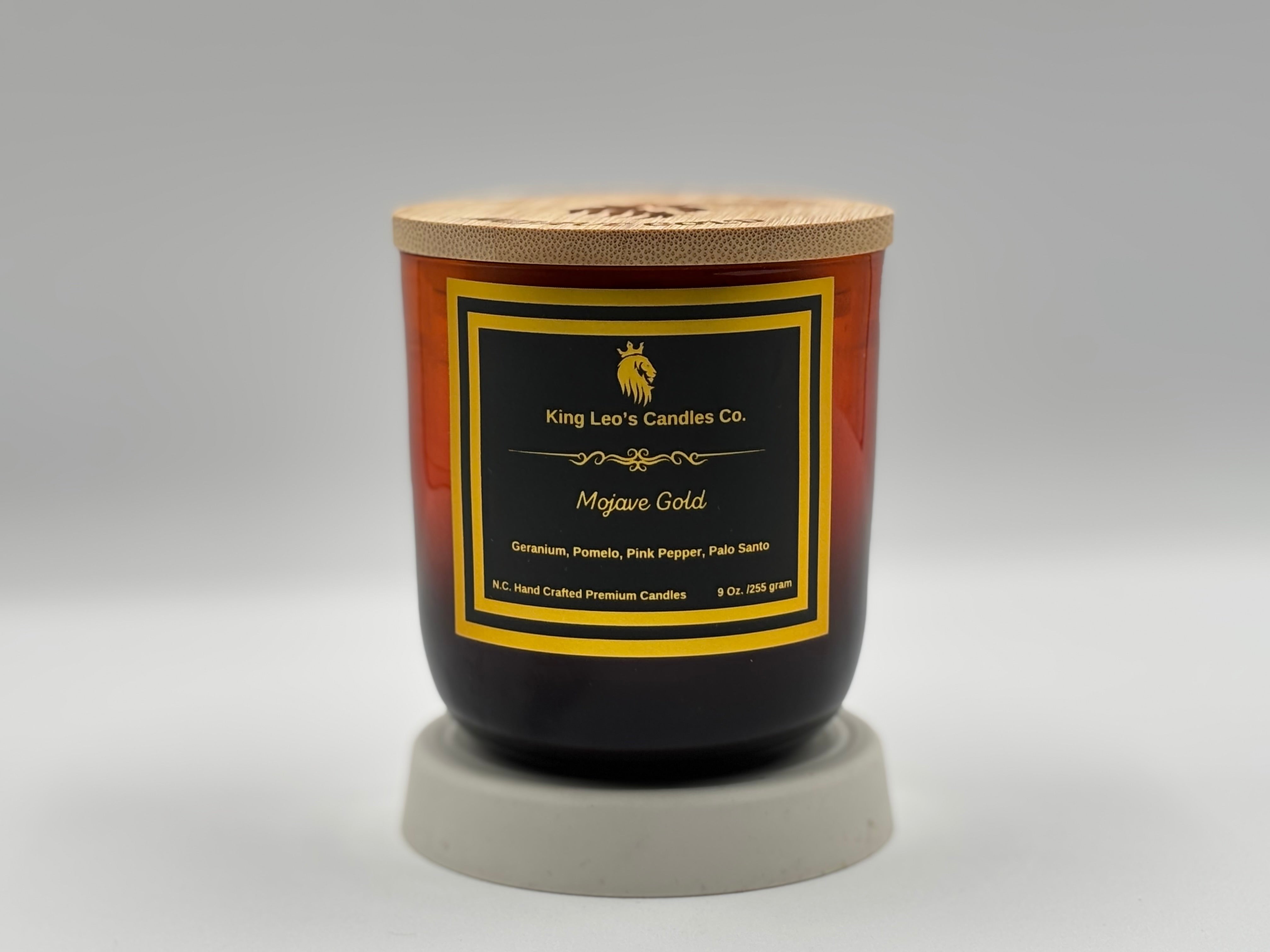 King Leo's Hand Crafted Candle, Mojave Gold, Premium, Coconut Apricot, Wood Wicked Candles