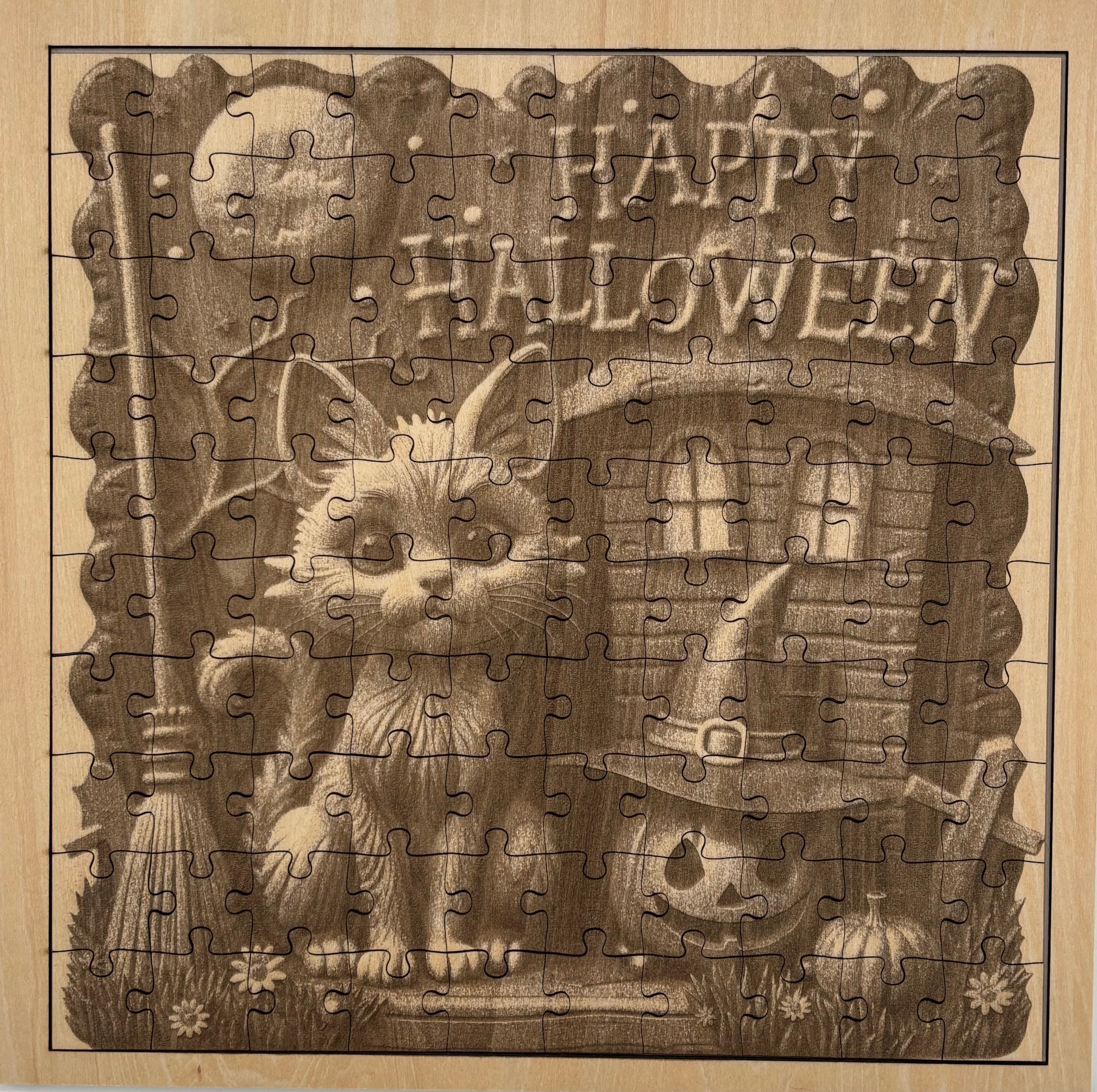 Halloween Kitty, 11"x 11" 100 Piece Wooden Engraved Jigsaw Puzzle