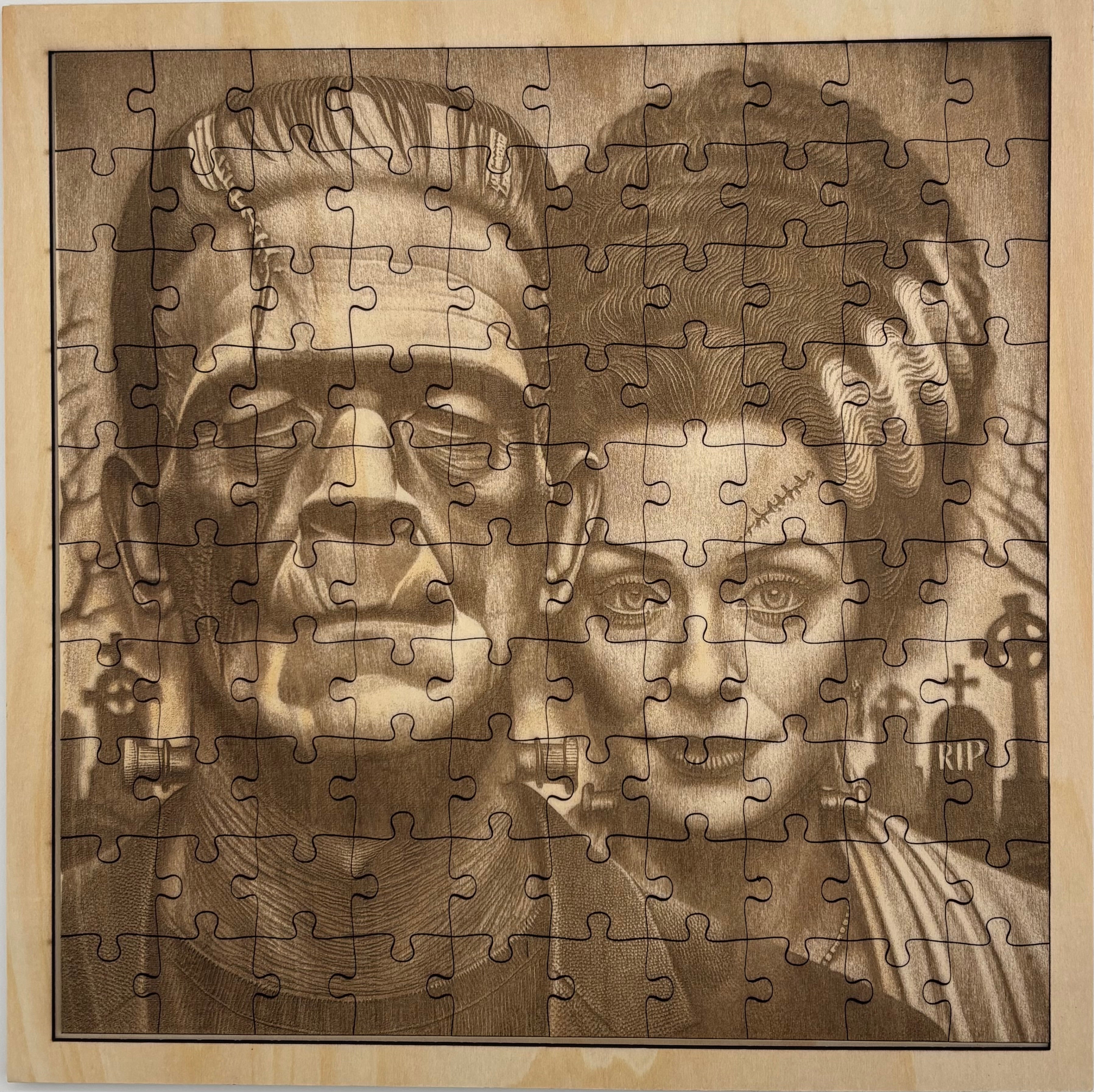 Mr And Mrs Frankenstein, 11"x 11" 100 Piece Wooden Engraved Jigsaw Puzzle