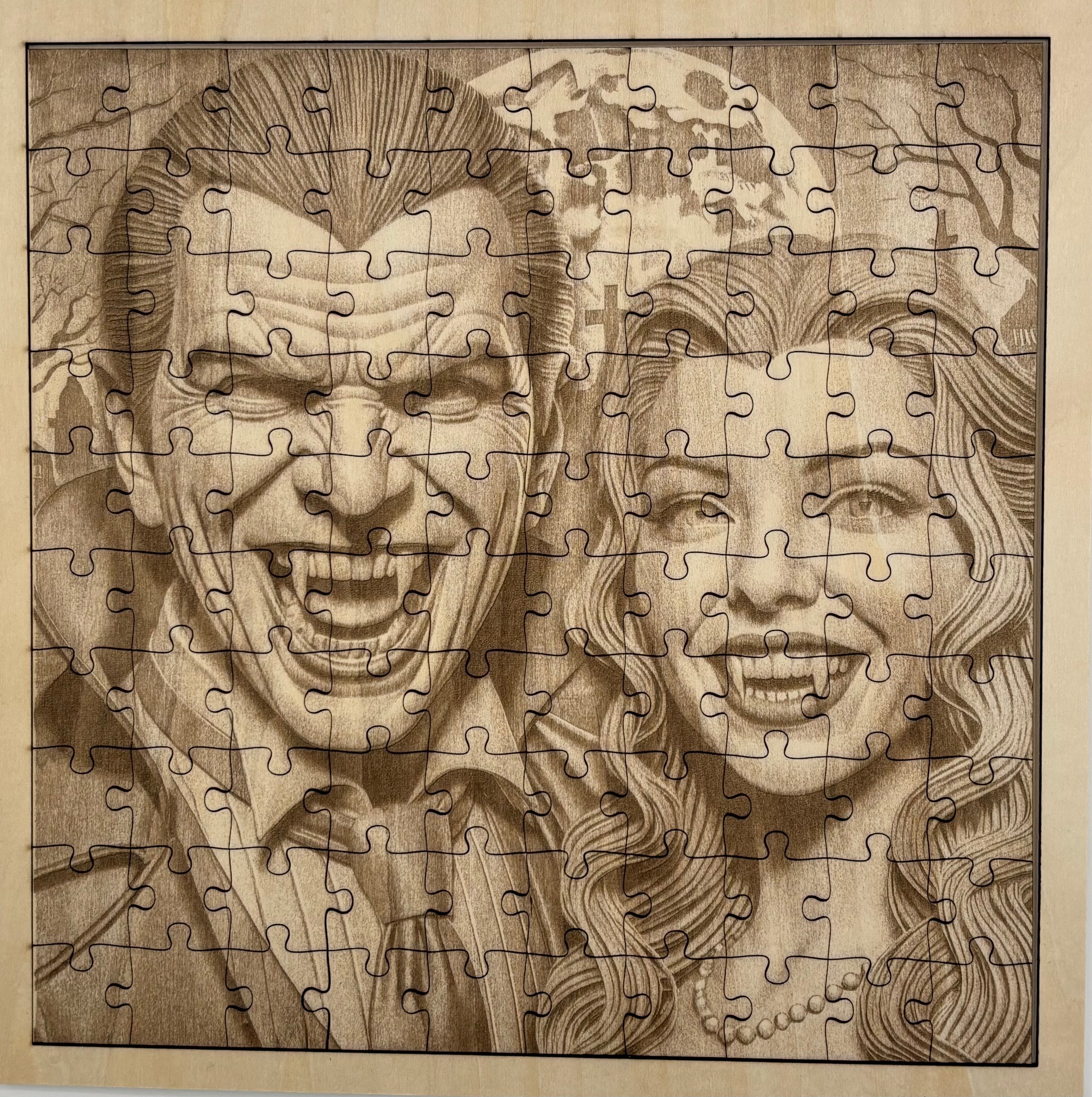 Mr. And Mrs Dracula, 11"x 11" 100 Piece Wooden Engraved Jigsaw Puzzle