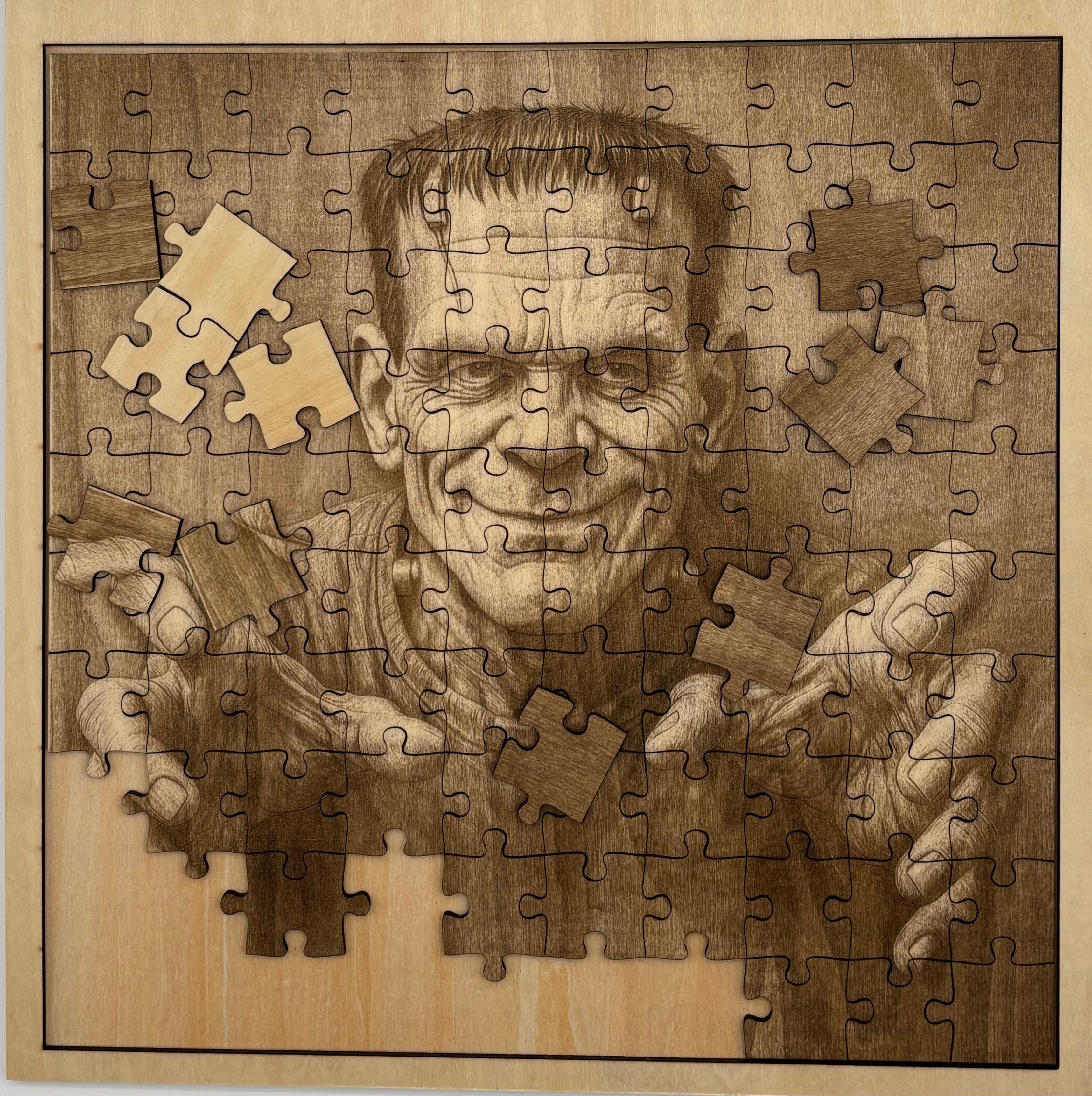 Frankensteins's Monster,11"x 11" 100 Piece Wooden Engraved Jigsaw Puzzle