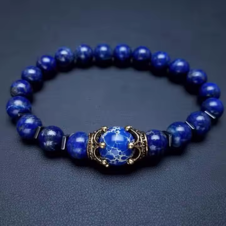 Men's Crown Natural Stone Bead Bracelets, Tiger Eye And Lapis Lazuli Men's Gemstones