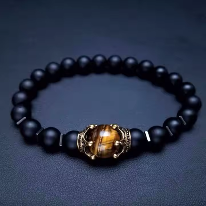 Men's Crown Natural Stone Bead Bracelets, Tiger Eye And Lapis Lazuli Men's Gemstones