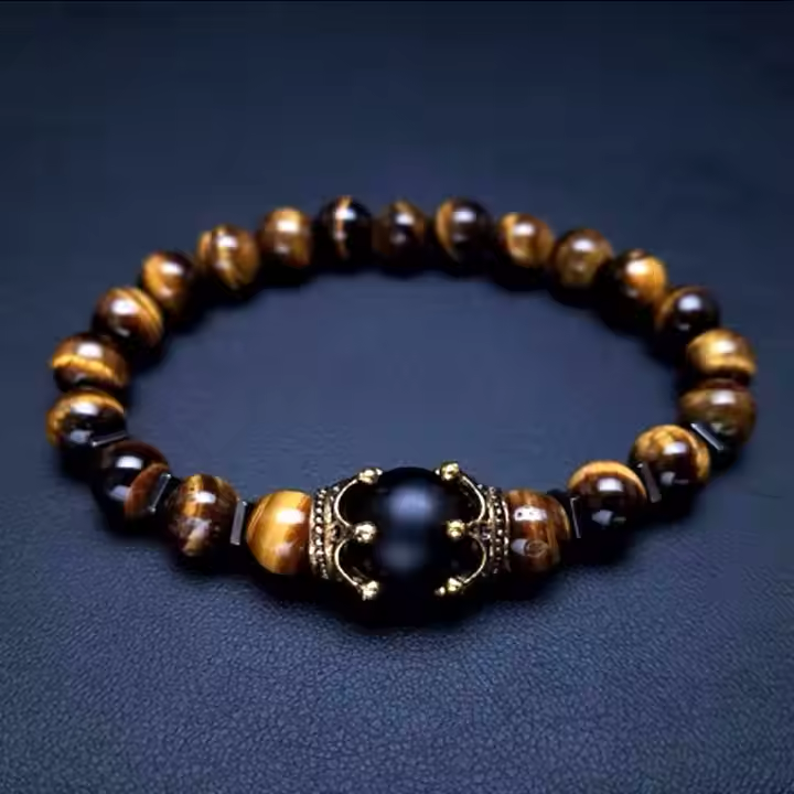 Men's Crown Natural Stone Bead Bracelets, Tiger Eye And Lapis Lazuli Men's Gemstones